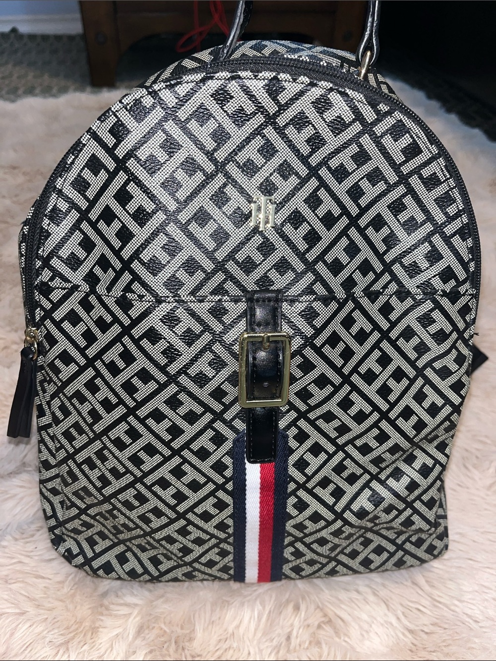 Black & White Patterned Men's Backpack with Red-White-Blue Accent